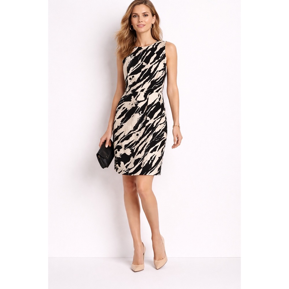 Michael Kors Black Cream Linen Abstract Print Sheath‎ Formal Business Dress 6